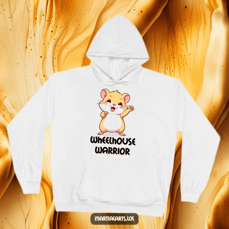 Funny hoodie showcasing a beaming hamster in a strong, confident martial arts stance, radiating power and humor.
