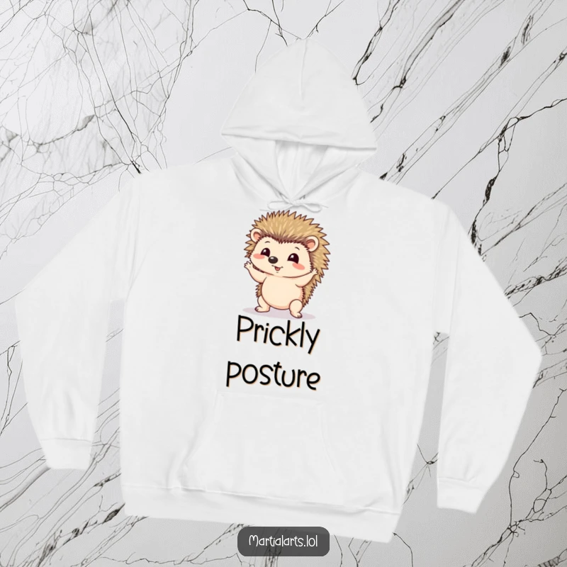 Funny hoodie depicting a small hedgehog trying its best to maintain a challenging, wobbly yoga pose.