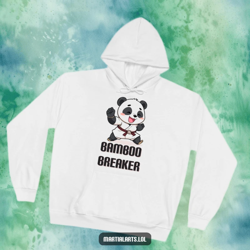 Funny Panda Hoodie featuring a happy panda performing an exaggerated karate chop, making it a cozy and funny gift.