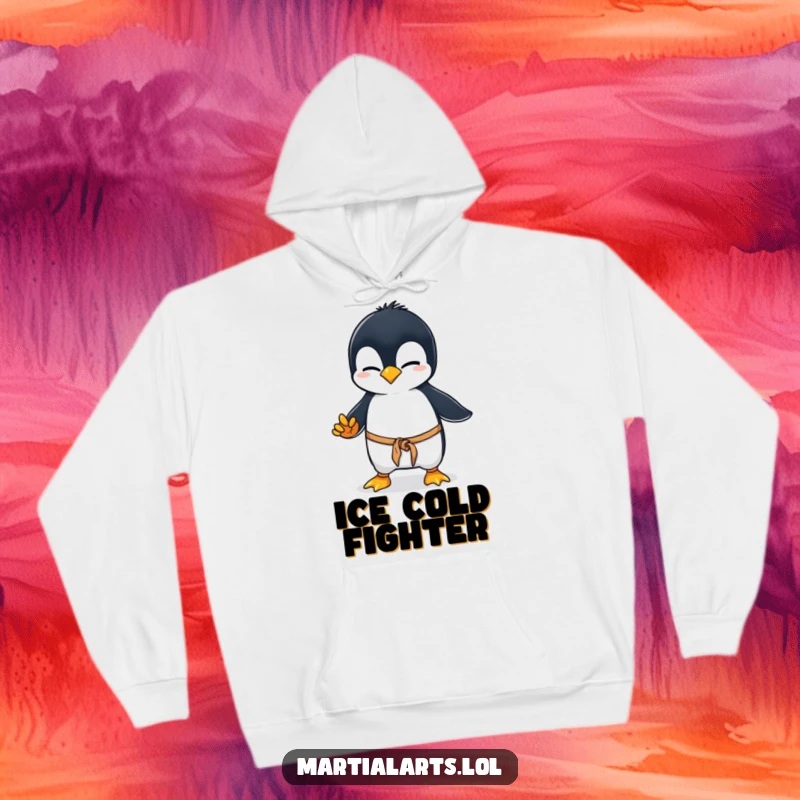 Funny penguin karate hoodie, a curious penguin wobbling in a clumsy martial arts stance, soft and warm, bringing adorable penguin humor everywhere.