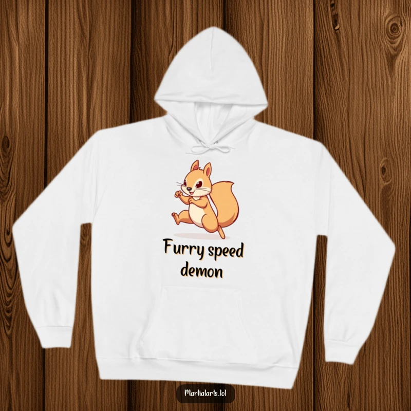 Funny Squirrel Hoodie: A determined squirrel in a swift, agile martial arts stance, offering warmth and a chuckle.