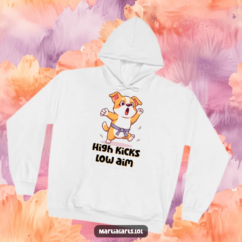 Funny Dog Kick Hoodie: A surprised dog in mid-air, trying a comical martial arts kick, perfect for cozying up.