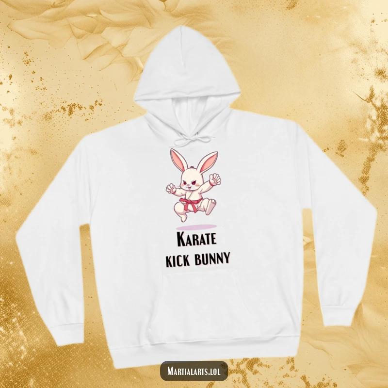 Funny bouncing bunny in a dynamic martial arts stance, cozy funny hoodie, perfect for training or lounging.
