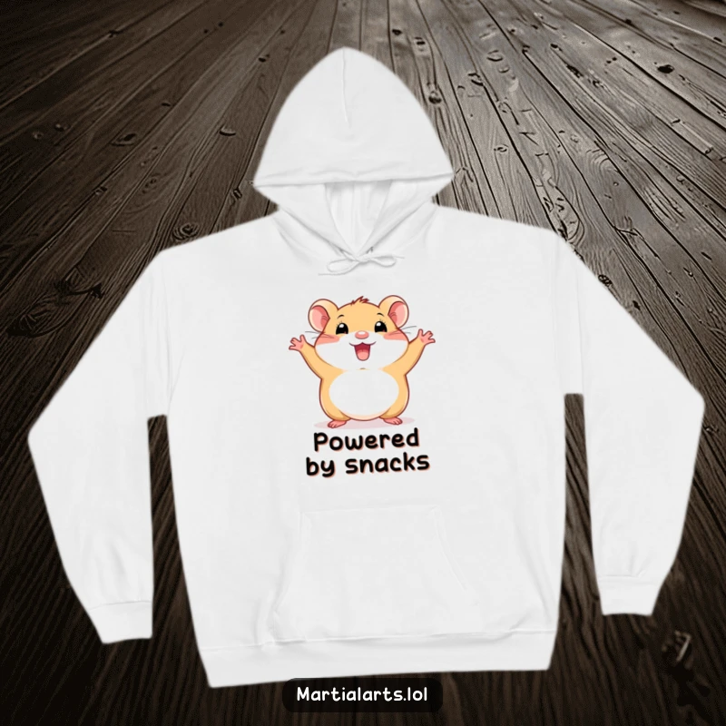 Funny hamster hoodie showing a happy animal in a wide, energetic stance, perfect for staying warm and joyful.