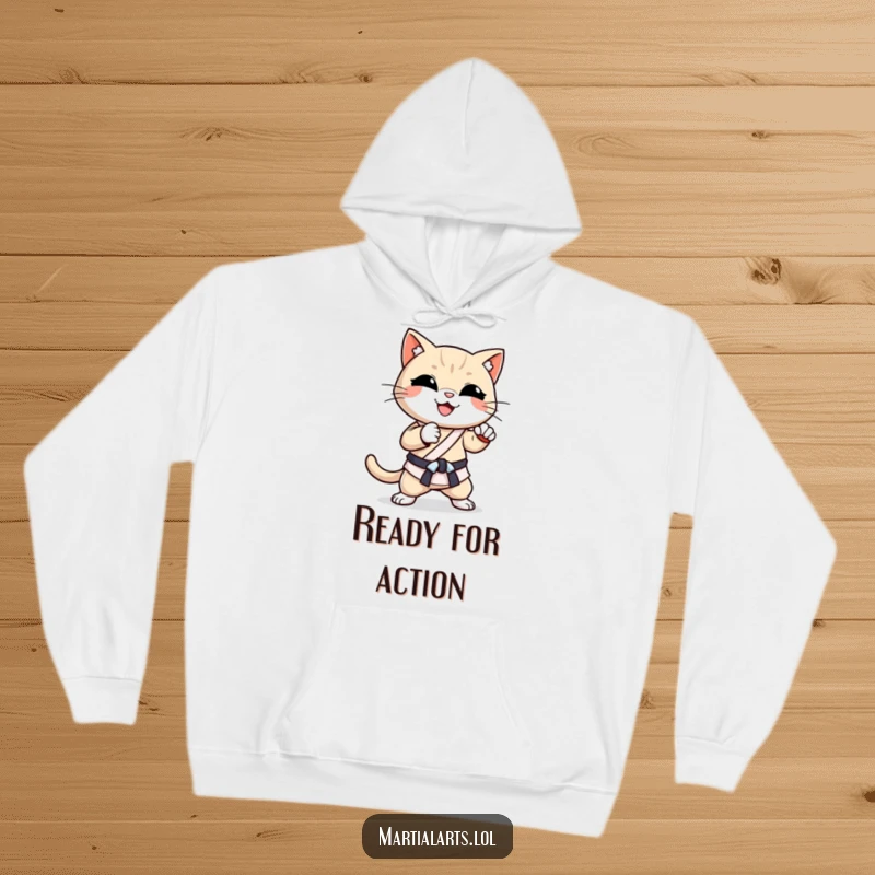 Funny Cat Karate Chop Hoodie: A smiling, happy cat delivering a swift karate chop, perfect for cozy, active moments.