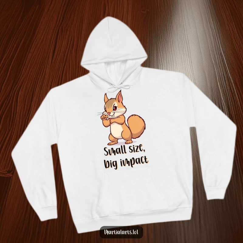 Funny Squirrel Punch Hoodie showcasing a focused squirrel practicing a powerful punch, ideal for warm, humorous athletic wear.