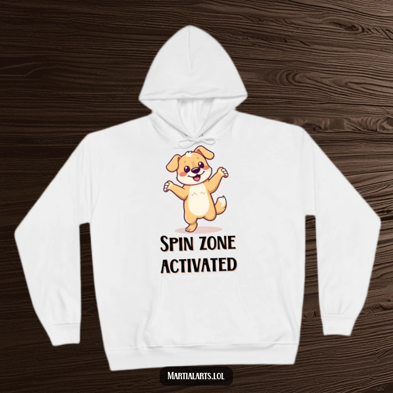 Funny dancing dog hoodie showcasing a dog mid-energetic spin, radiating joy and warmth.