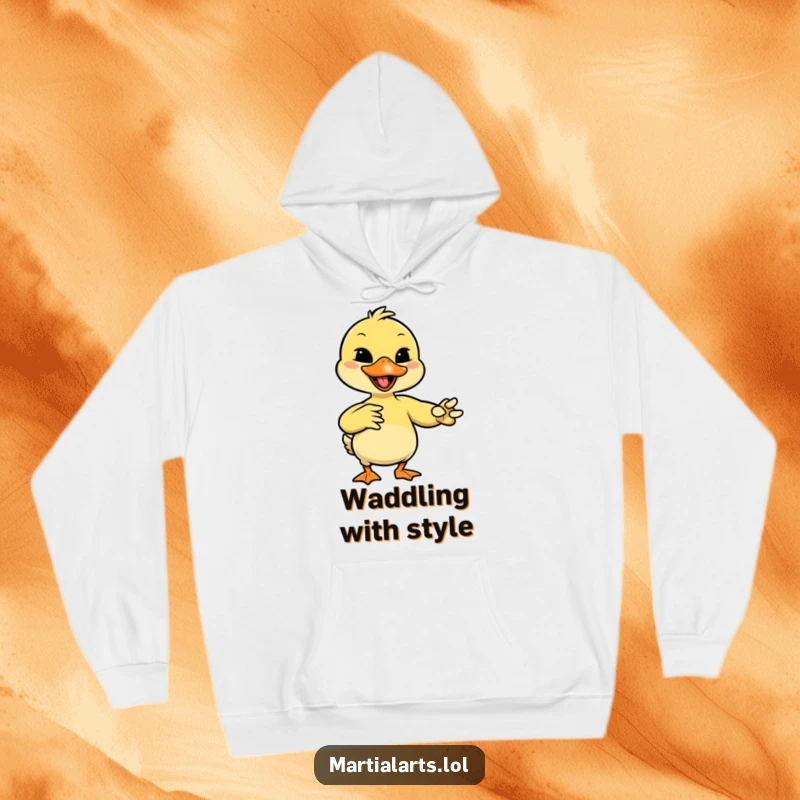 Funny giggling duck performing a martial arts move with its beak, featured on this hoodie.