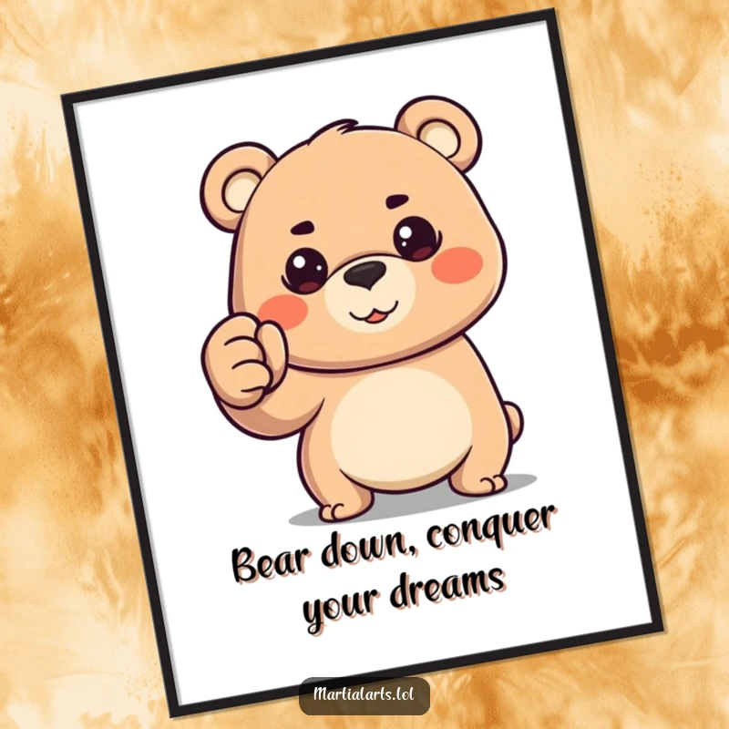 Funny Free Printable wall art of a happy bear forming a determined fist, gaze resolute, exuding strength and humor.