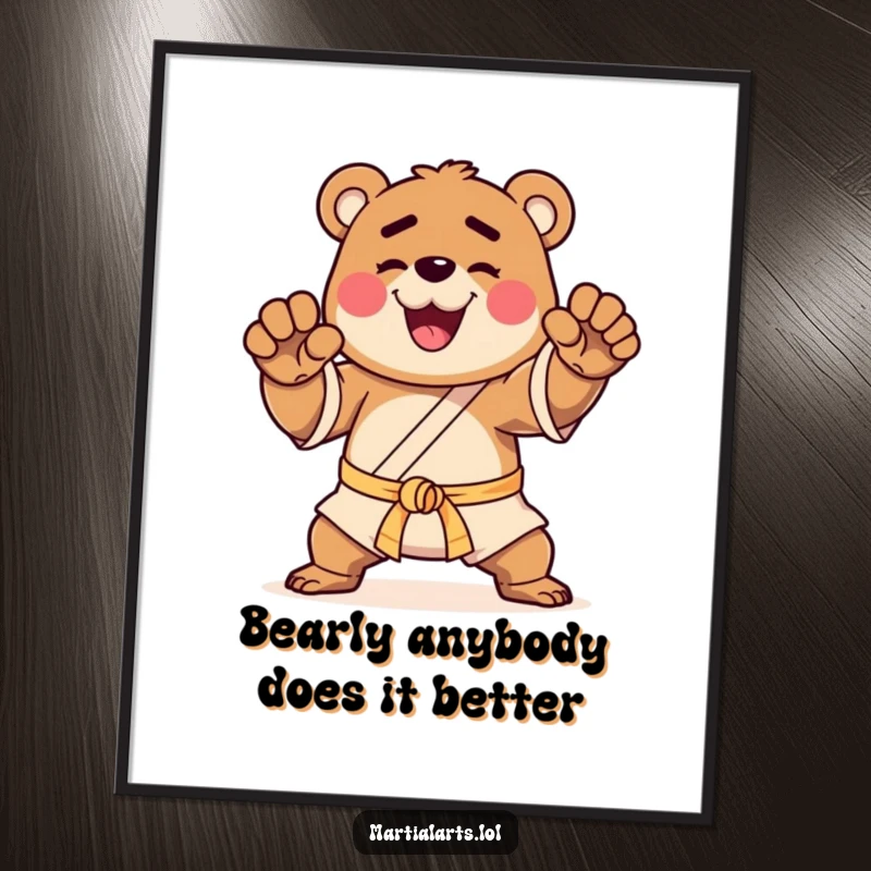Funny Free Printable Wall Art: A happy bear stands tall, striking a proud martial arts pose.