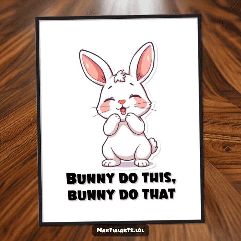 Funny Free Printable Wall Art: A charming bunny bowing with a playful mock strike, adding whimsical humor.
