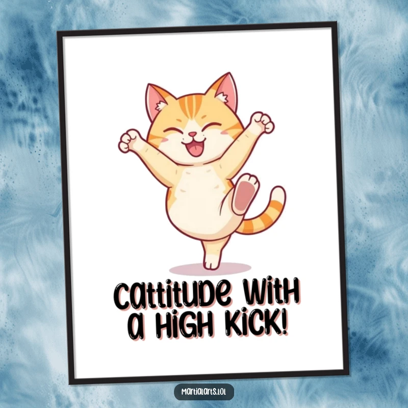 Funny Free Printable Wall Art: A happy cat powerfully performing a high kick with a determined expression.