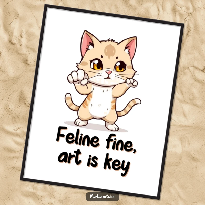 Funny Free Printable Wall Art: Cat practicing a swift punch, full of curious energy.