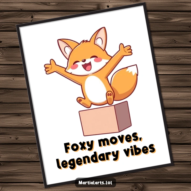 Funny Free Printable wall art of a joyful fox leaping with arms outstretched, exuding playful energy and happiness.