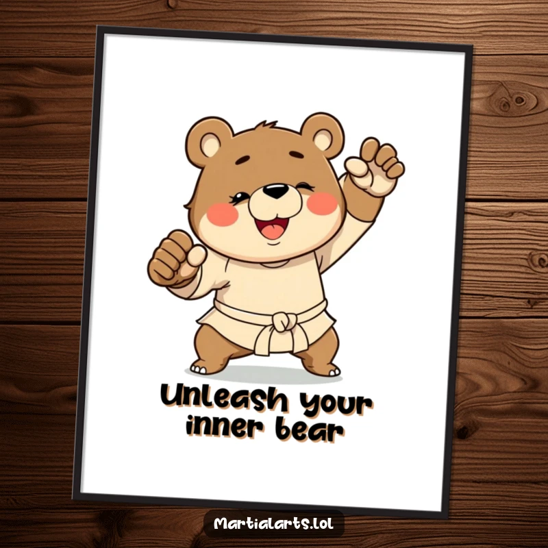 Funny Free Printable Wall Art: Bear in a powerful martial arts stance, radiating strength and humor.