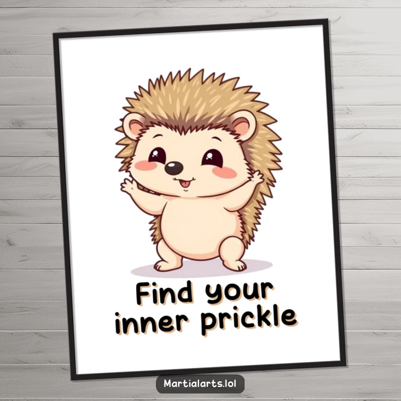 Funny free printable wall art of a cute hedgehog comically attempting a challenging and wobbly yoga pose.