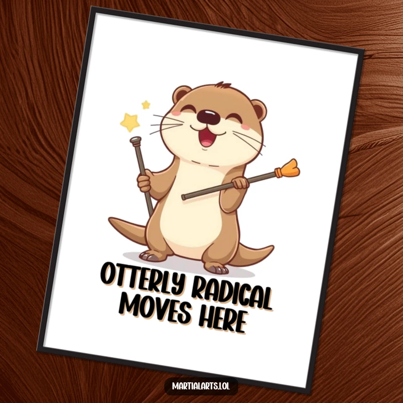 Funny Free Printable Wall Art: A cheerful otter joyfully spinning a miniature staff with impressive skill and a happy expression.
