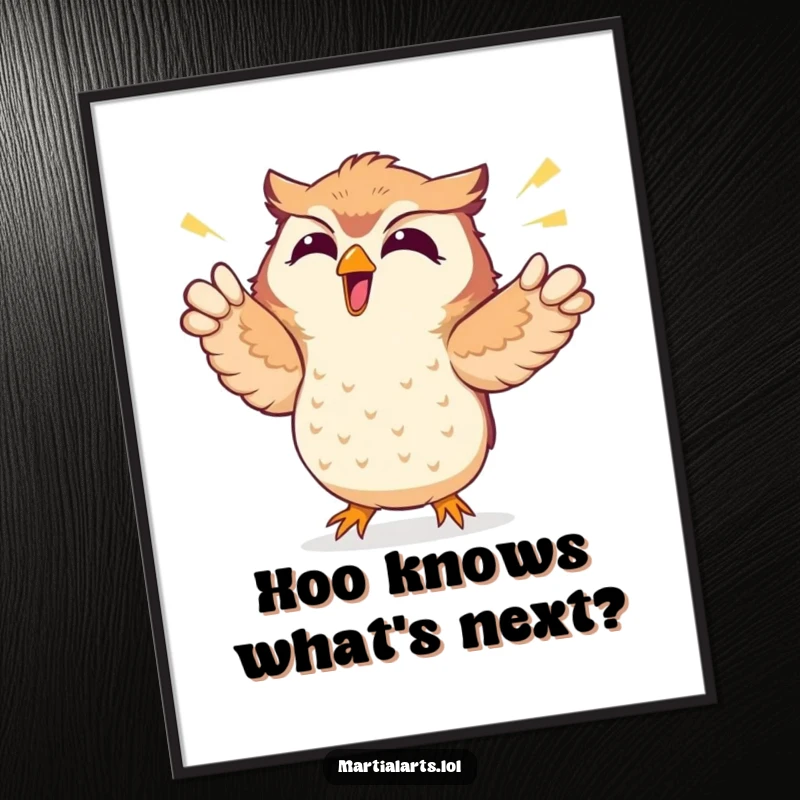 Funny free printable wall art of a deliriously giggling owl joyfully punching the air with excitement.