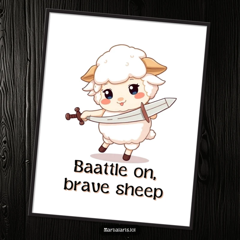 Funny free printable wall art of a fluffy sheep in a dynamic pose, spinning with a pretend sword.