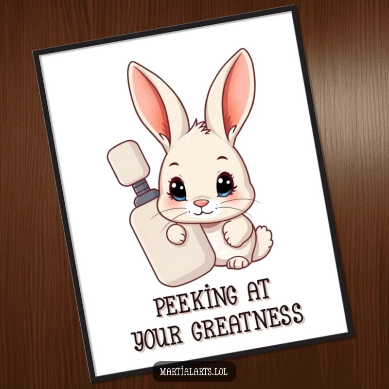 Funny Free Printable Wall Art: A curious rabbit peeking playfully from behind a martial arts training dummy.