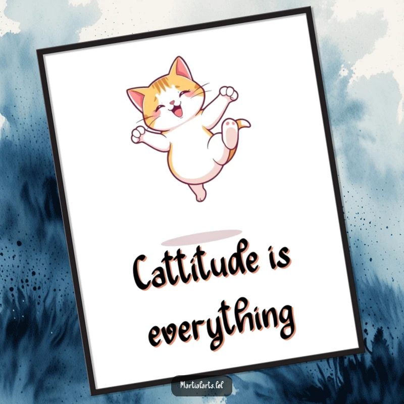 Funny Free Printable wall art of a jumping cat executing a playful roundhouse kick, full of feline energy.