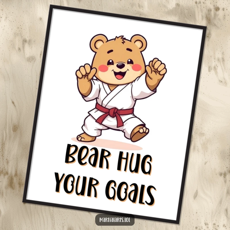 Funny Free Printable Wall Art: A happy bear striking a dynamic karate pose, mid-kick, ready for action.
