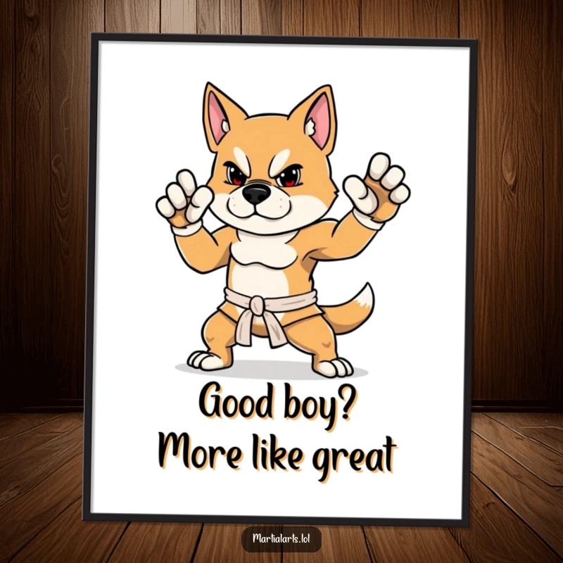 Funny Free Printable Wall Art: A determined dog striking a proud, perfectly balanced martial arts stance with intensity.