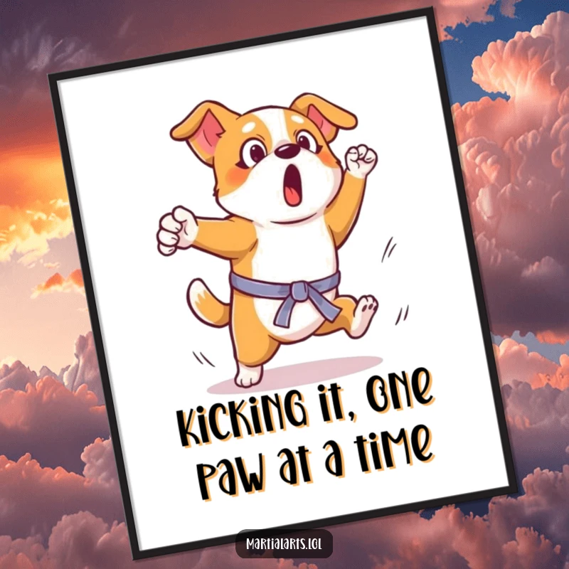 Funny Free Printable Wall Art: A surprised dog caught mid-air in a wobbly, clumsy martial arts kick, adding comedic chaos to any room.