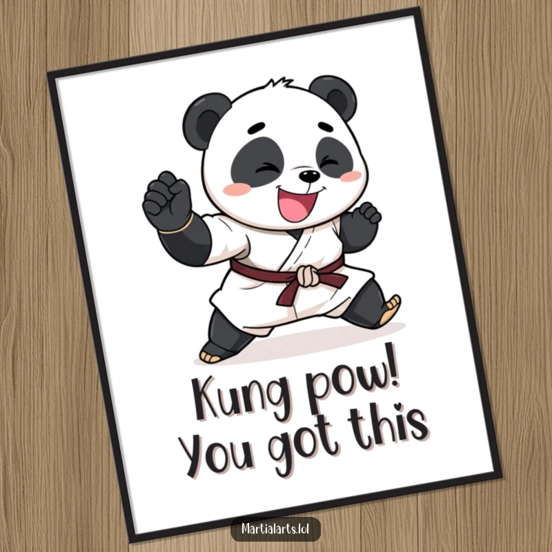 Funny Free Printable Wall Art: An energetic panda performing a hilarious, exaggerated karate chop with a joyful expression.