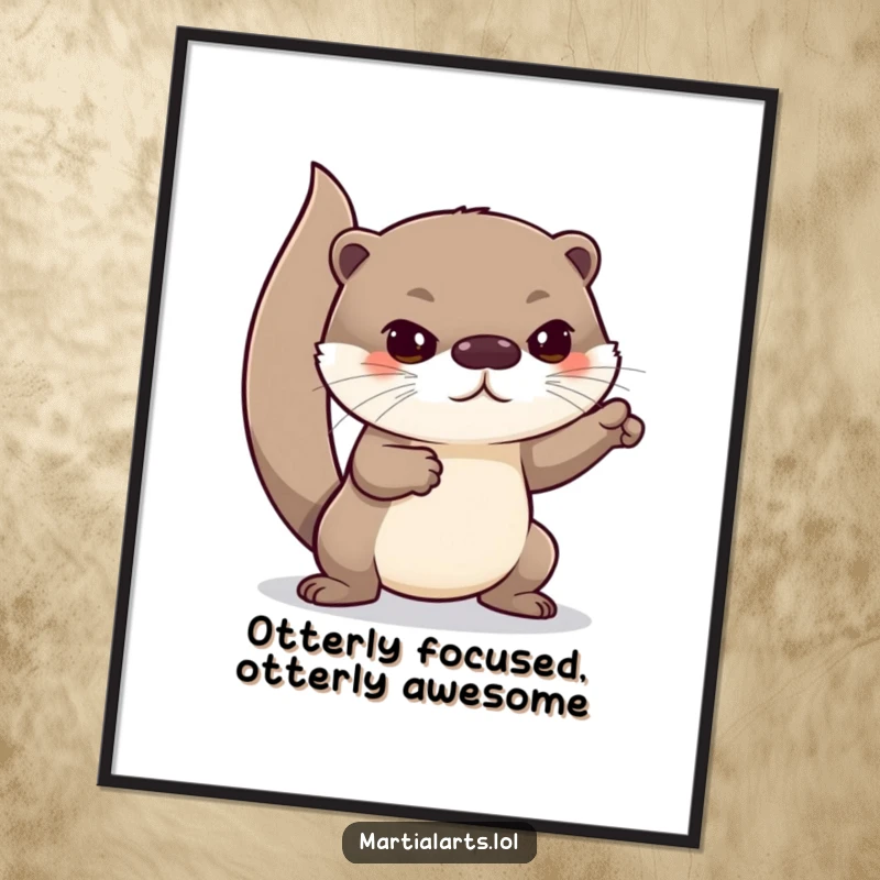 Funny Free Printable wall art of a curious otter practicing lunges with a very serious expression, embodying focused effort.