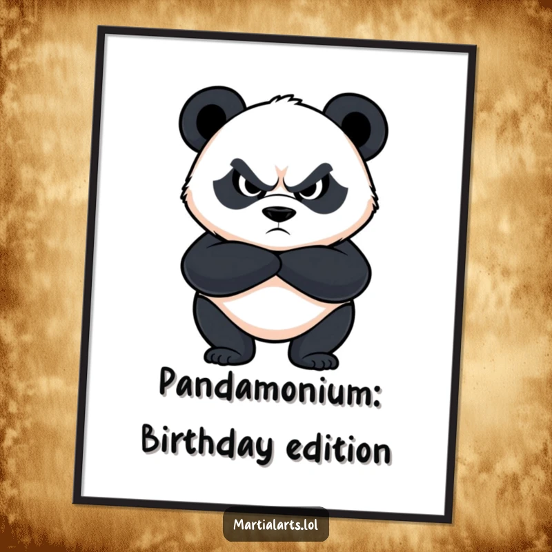 Funny free printable wall art of a determined panda with crossed arms and a fierce look, exuding protective vibes.