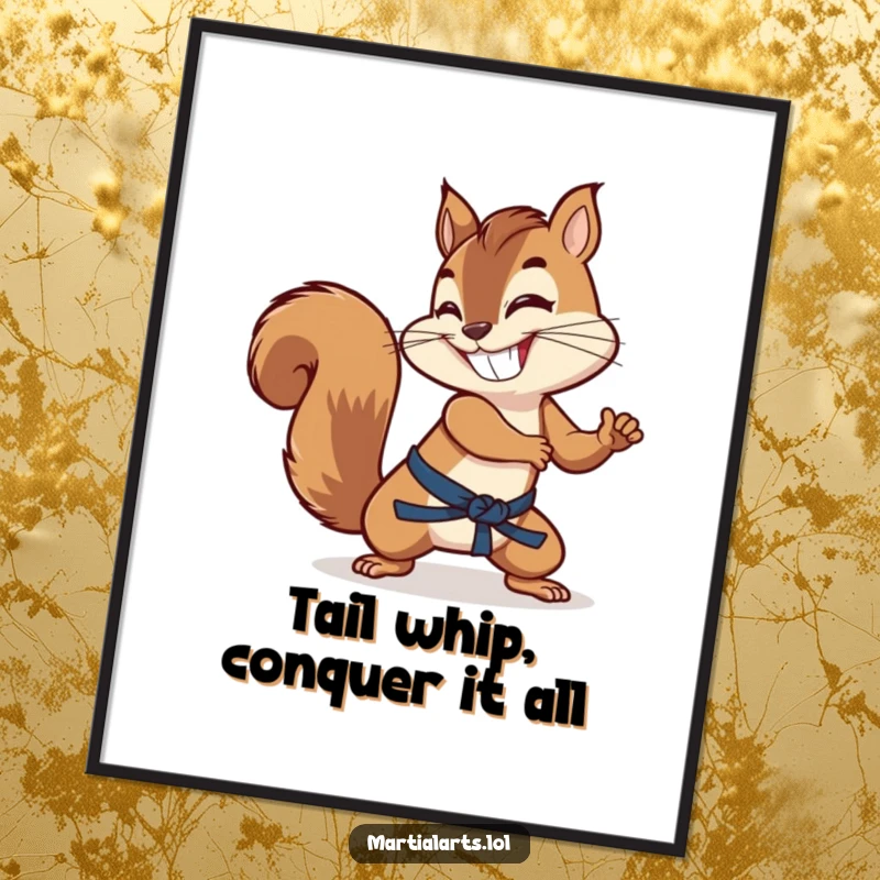 Funny Free Printable wall art of a grinning squirrel using its tail as a powerful martial arts weapon, looking ready for action.
