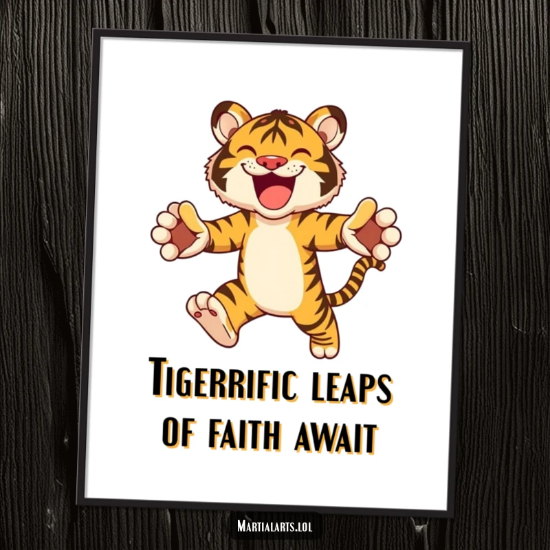 Funny Free Printable Wall Art: Energetic Tiger Leaping Forward with Paws Outstretched, Creating a Lively Scene