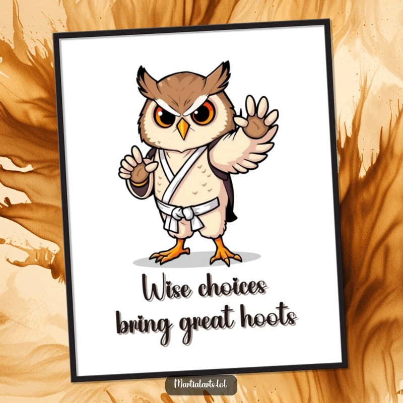 Funny Free Printable Wall Art of a proud owl striking a graceful karate pose, bringing wise humor and artistic flair, perfect downloadable decor.