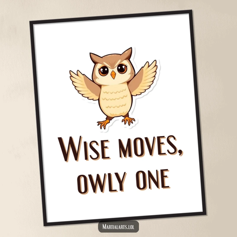 Funny Free Printable Wall Art: A playful owl perfectly balancing in a focused martial arts stance, looking wise.