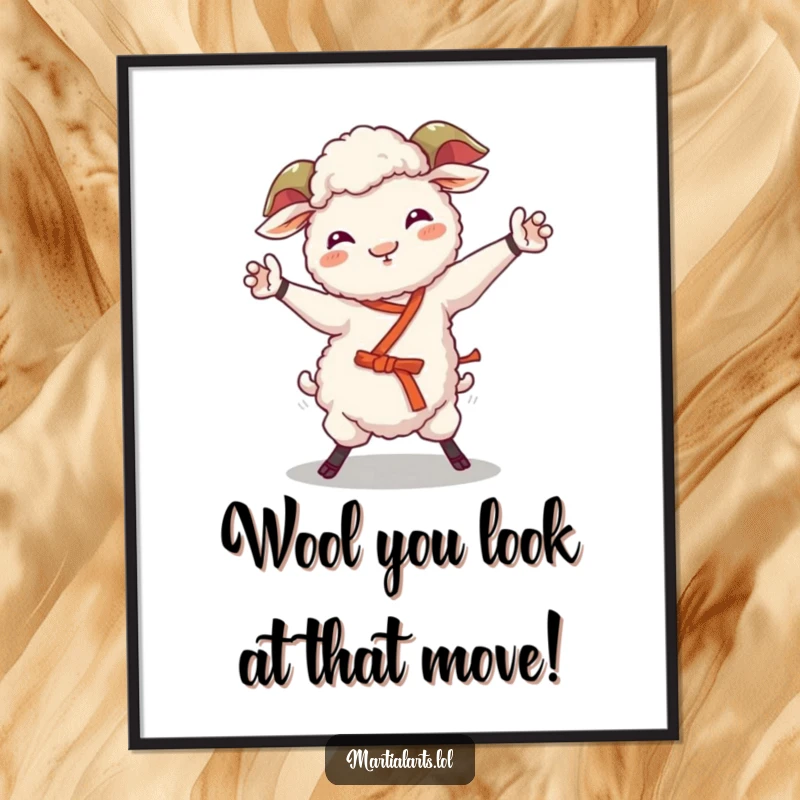 Funny Free Printable Wall Art: A giggling sheep attempts a wobbly martial arts move, bringing playful energy to the space.