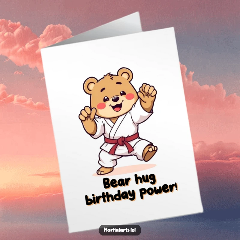 Funny Free Printable Birthday Card: A happy bear in a dynamic karate pose, mid-kick, ready to celebrate.