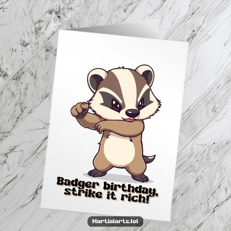 Funny Free Printable Birthday Card showing a determined badger executing a powerful elbow strike, perfect for a bold birthday greeting downloadable gift.