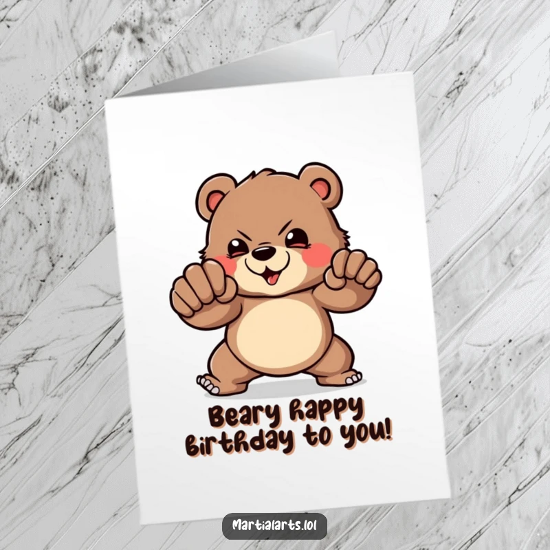 Funny Free Printable Birthday Card featuring a brave bear throwing a powerful punch, celebrating a birthday with all his might and a grin.