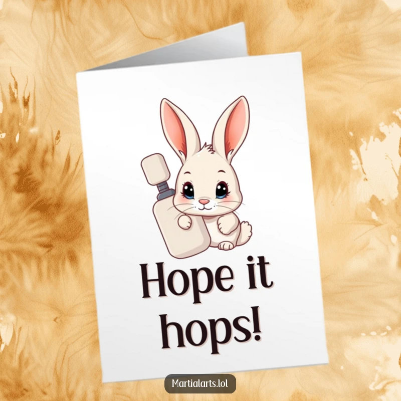 Funny Free Printable Birthday Card: Curious rabbit peeking shyly from behind a martial arts training dummy, ready for fun.