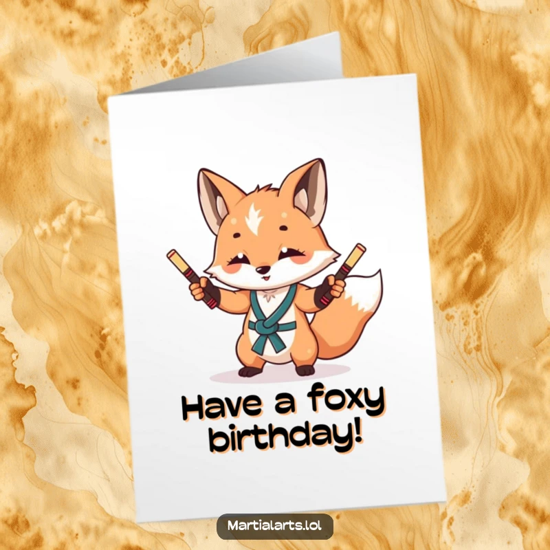 Funny Free Printable Birthday Card: A curious fox playfully juggling miniature nunchucks, eyes glinting with mischievous birthday energy.