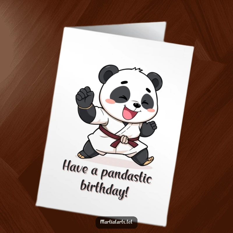 Funny Free Printable Birthday Card: A happy panda delivering an exaggerated karate chop with a big smile.