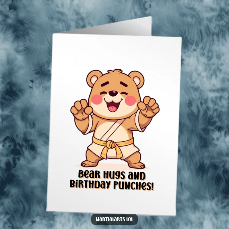 Funny Free Printable Birthday Card: A happy bear strikes a proud martial arts pose.