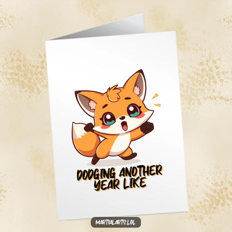 Funny Free Printable Birthday Card: A surprised fox wide-eyed dodges a swift punch.