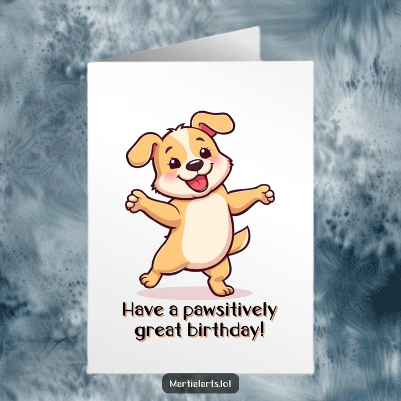 Funny Free Printable Birthday Card: A joyful dog spins with energetic glee, perfect for a happy celebration.