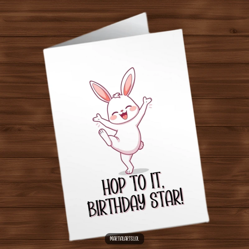 Funny Free Printable Birthday Card: Cheerful bunny performing a high knee lift, celebrating happily.
