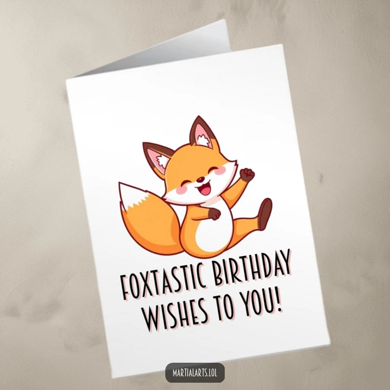Funny Free Printable Birthday Card: Happy fox executing a dynamic flying kick, celebrating with joy.