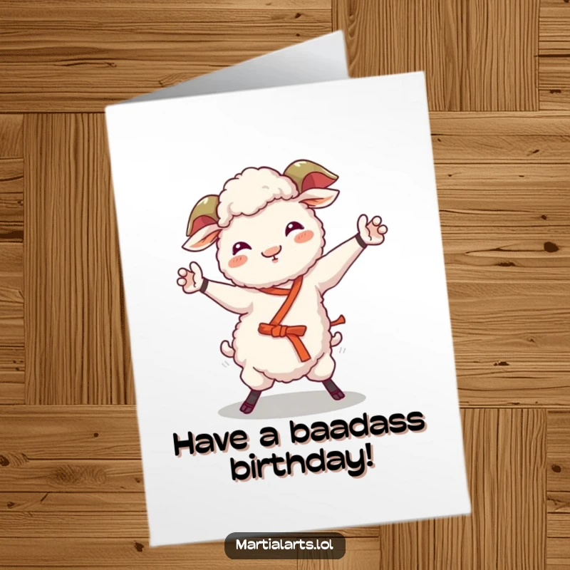 Funny Free Printable Birthday Card: A giggling sheep awkwardly attempts a martial arts move, looking utterly delighted.