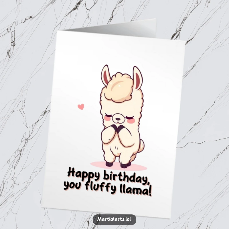 Funny free printable birthday card of a content llama bowing respectfully after a playful, mock fight.