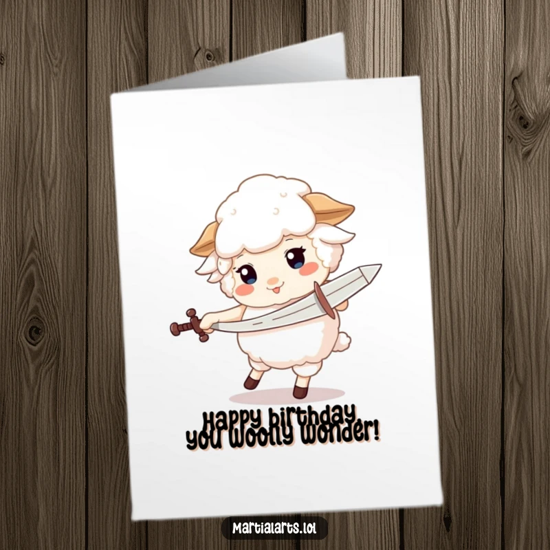 Funny free printable birthday card of a fluffy sheep comically spinning with a pretend sword, ready for action.